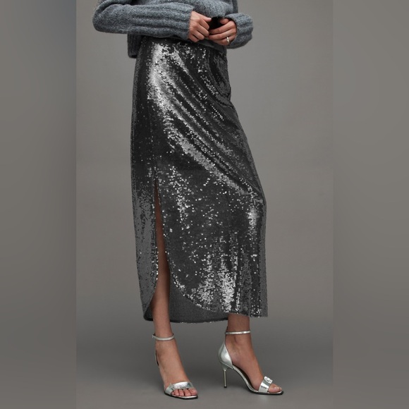 New All Saints Opal Sparkle Sequin Midi Skirt City Smoke Grey Small - Picture 3 of 12